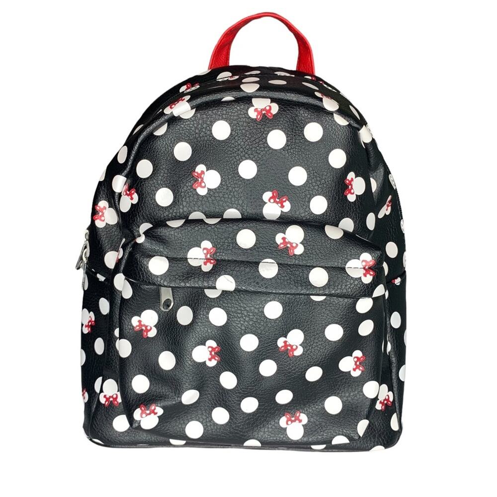 DISNEY Parks Minnie Backpack Black White Polka Dot Red Straps